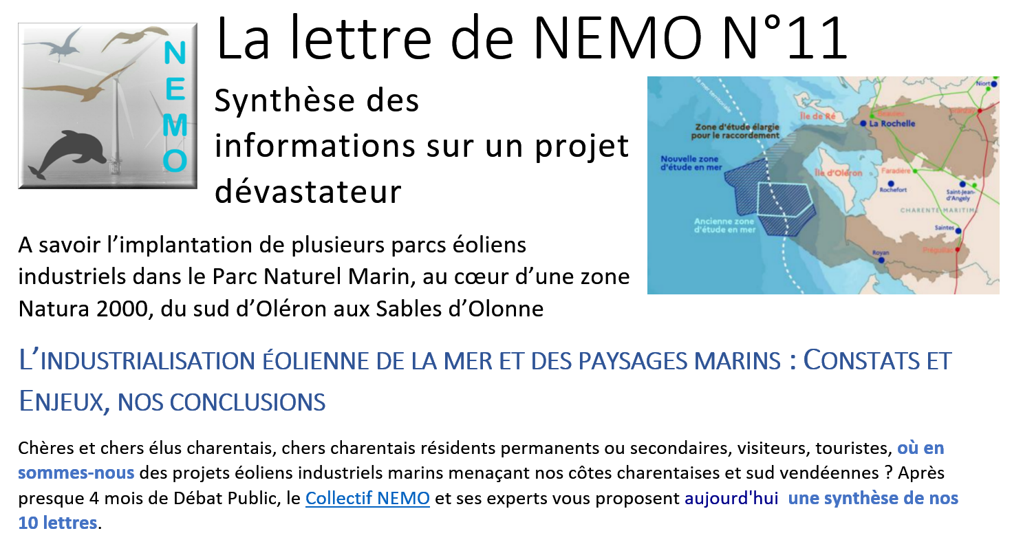 La lettre de NEMO n° 11 : L’industrialisation éolienne de la mer et des paysages marins : Constats et Enjeux, nos conclusions.