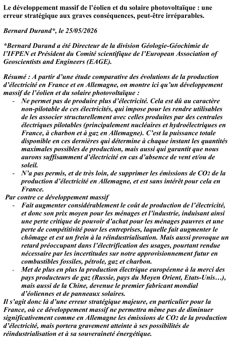 Le développement massif de l’éolien et du solaire photovoltaïque : une erreur stratégique aux graves conséquences, peut-être irréparables.